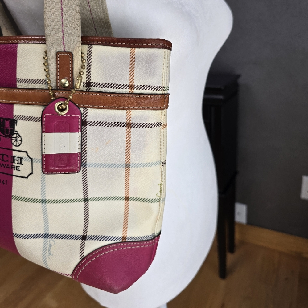 Coach Pink and Cream Plaid Tote - Picture 4 of 15
